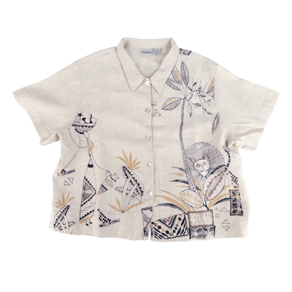Chico's Shirt Size 3 US XL Beige Linen Button Up African Lion Art Short Sleeve